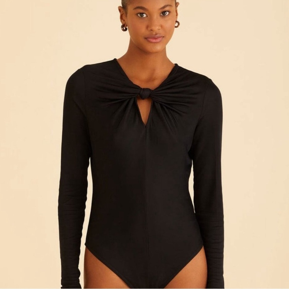FARM Rio Black Long-Sleeve Knot Front Bodysuit with Keyhole